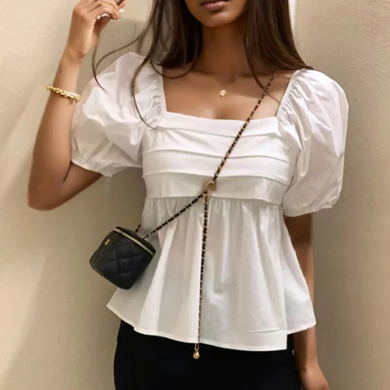 Square Neck Puff Sleeve Casual Pleated White Blouse
