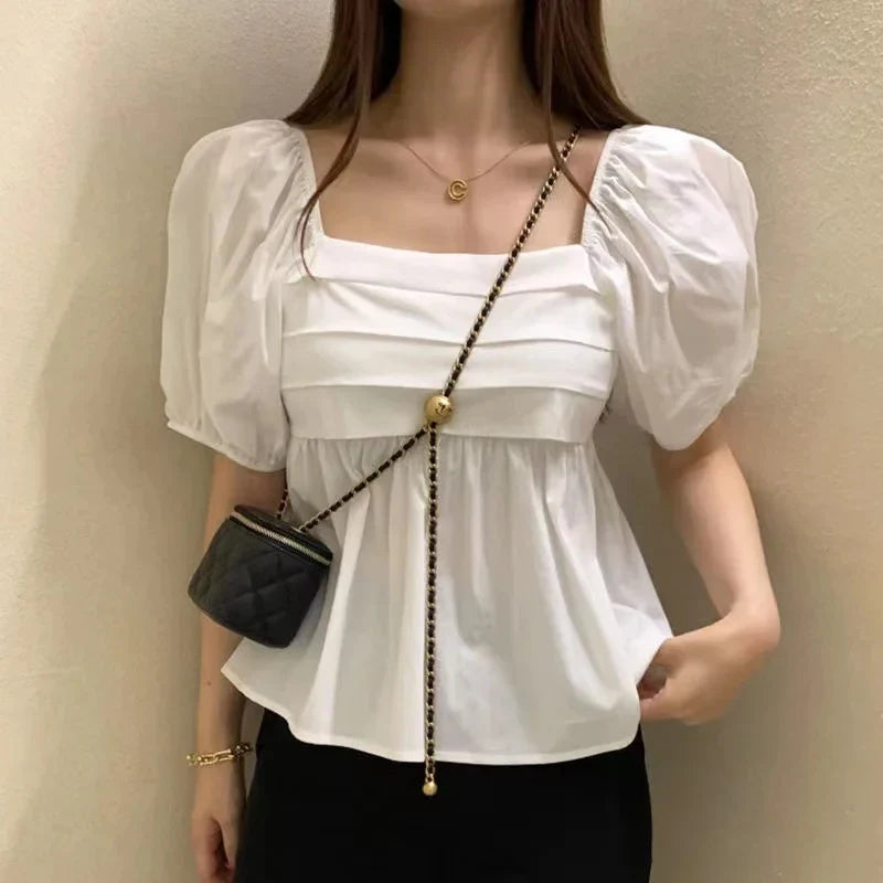 Square Neck Puff Sleeve Casual Pleated White Blouse