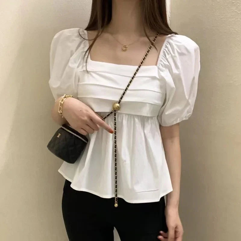 Square Neck Puff Sleeve Casual Pleated White Blouse