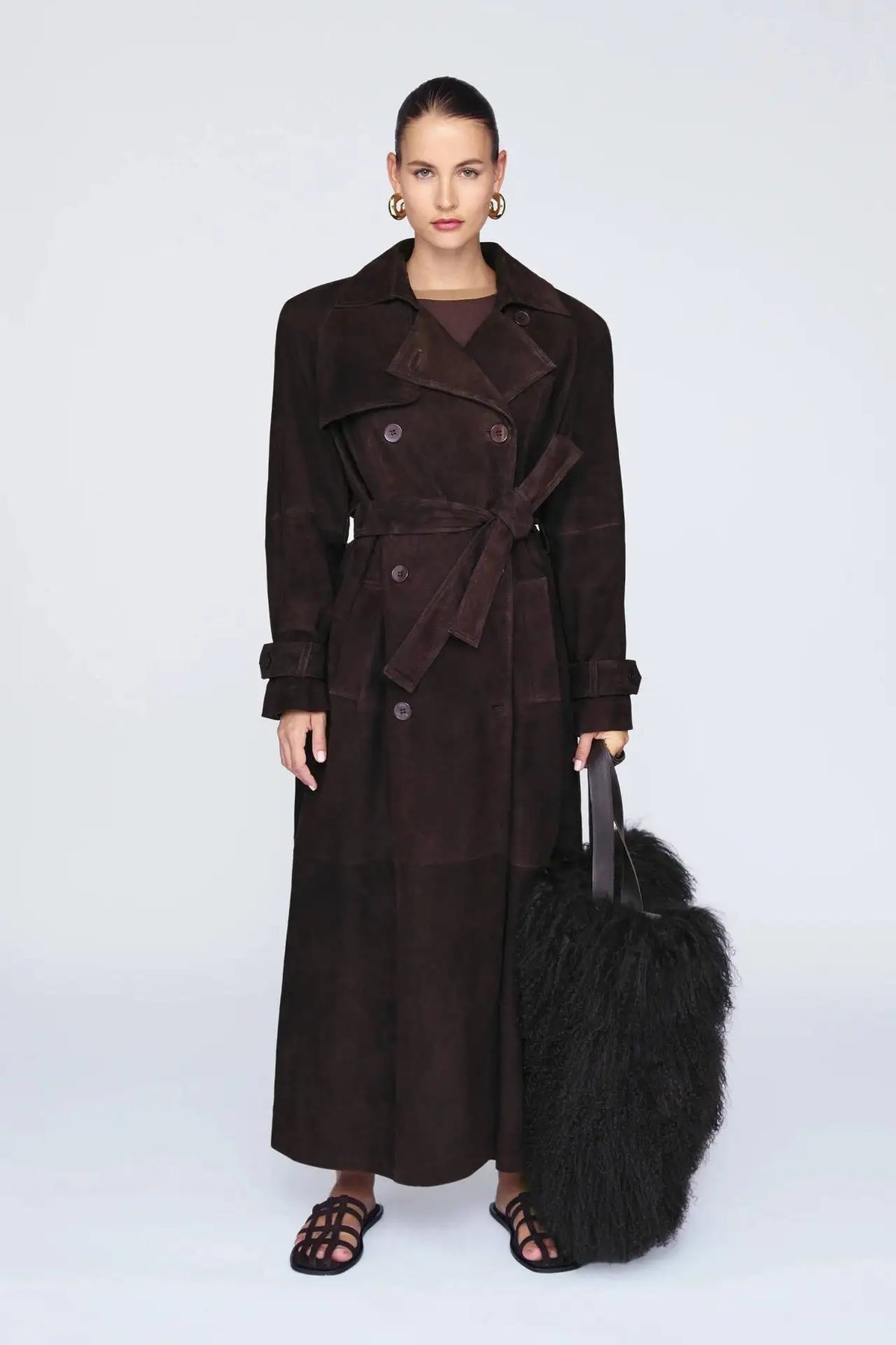 Suede Leather Chocolate Belted Overcoat 6