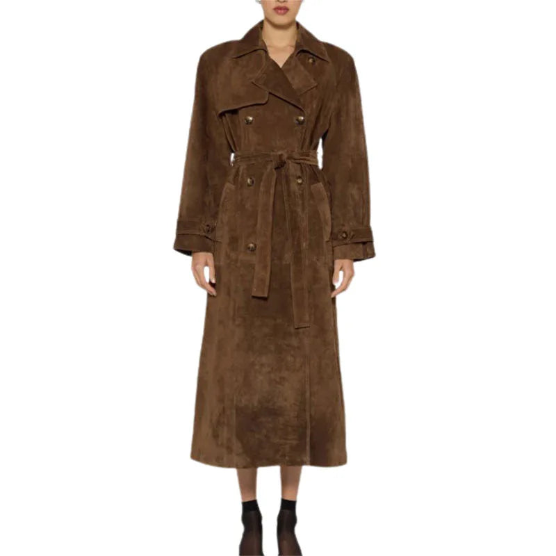 Suede Leather Chocolate Belted Overcoat