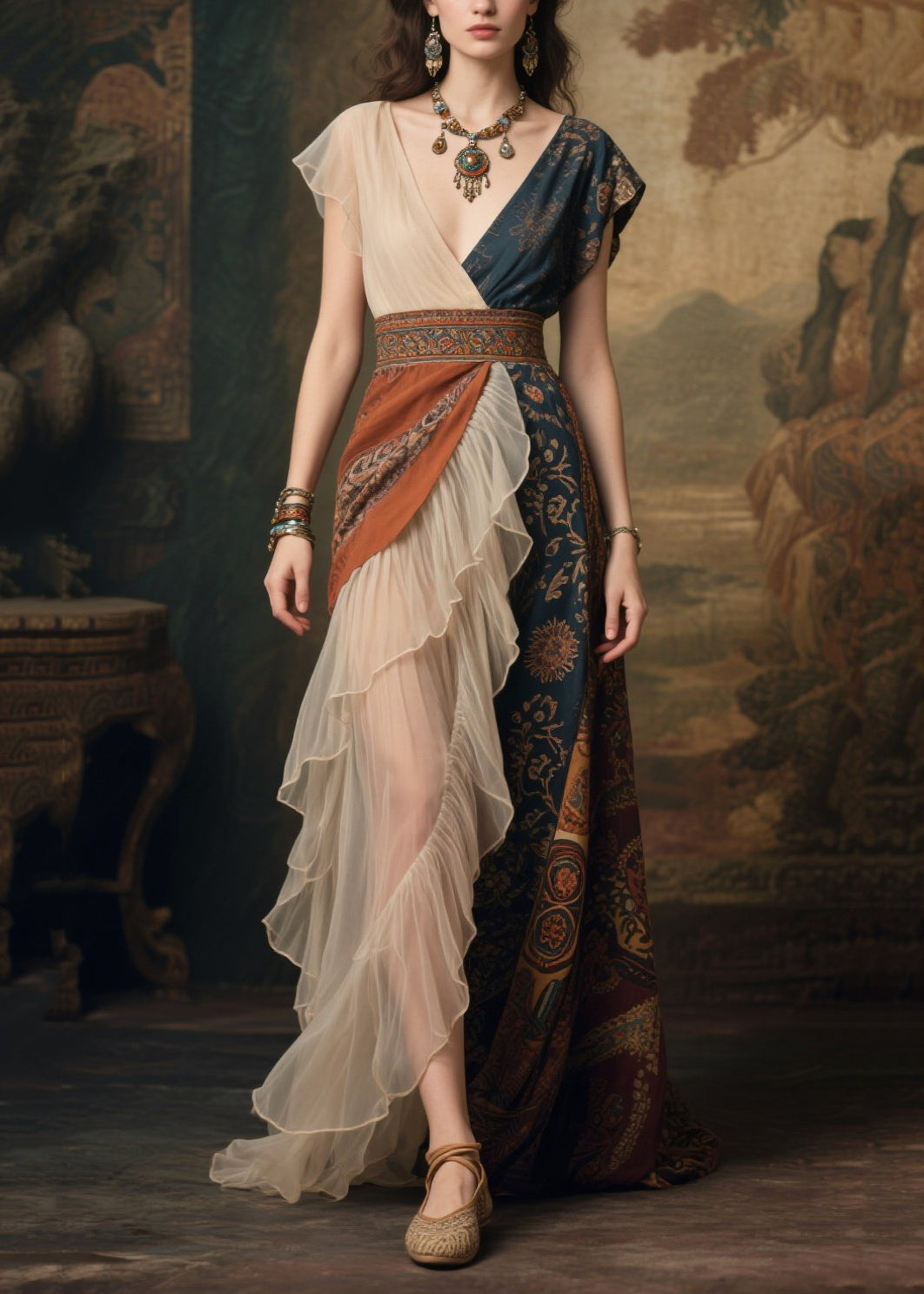 Chiffon Deep V-Neck Asymmetrical Cap Sleeve Paisley Maxi Gown