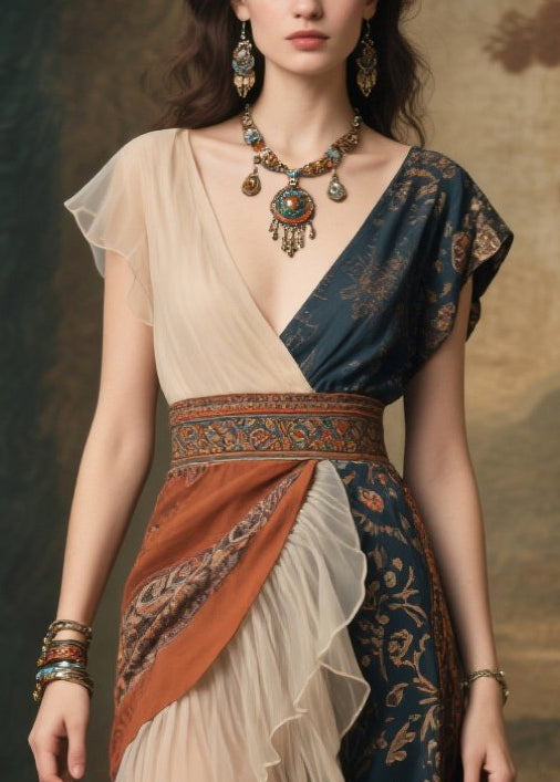 Chiffon Deep V-Neck Asymmetrical Cap Sleeve Paisley Maxi Gown - View 2