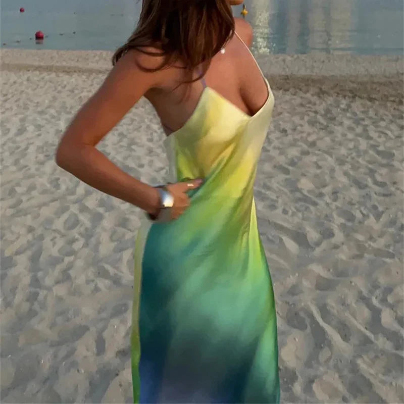 Elegant Tie Dye Satin Vacation Dress