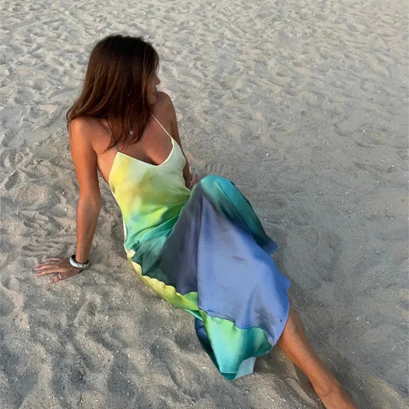 Elegant Tie Dye Satin Vacation Dress