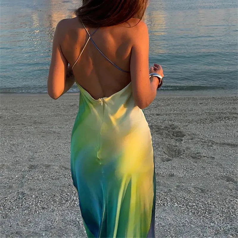 Elegant Tie Dye Satin Vacation Dress