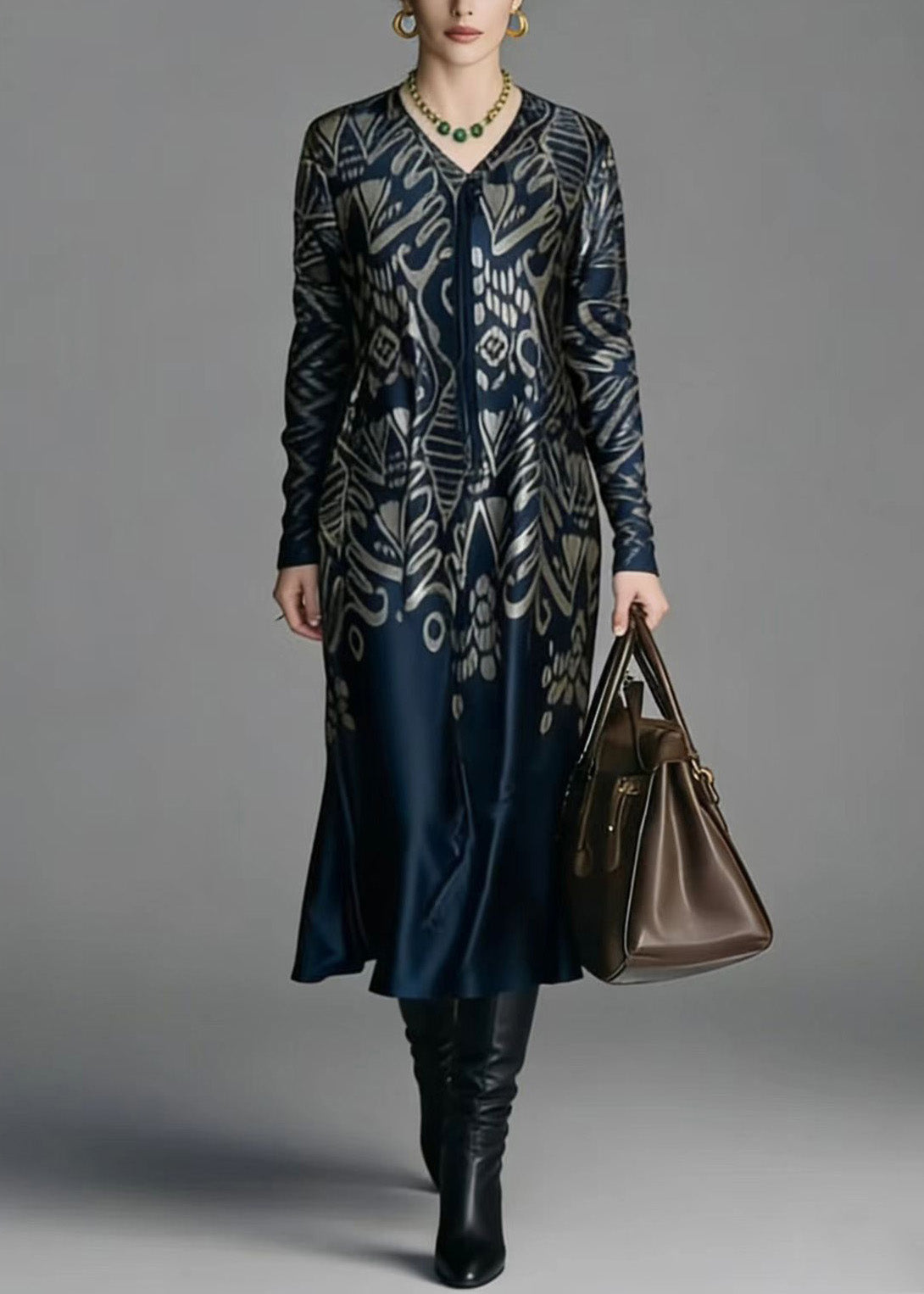 Abstract Print V-Neck Tie Neck Long Sleeve Flowy Midi Dress