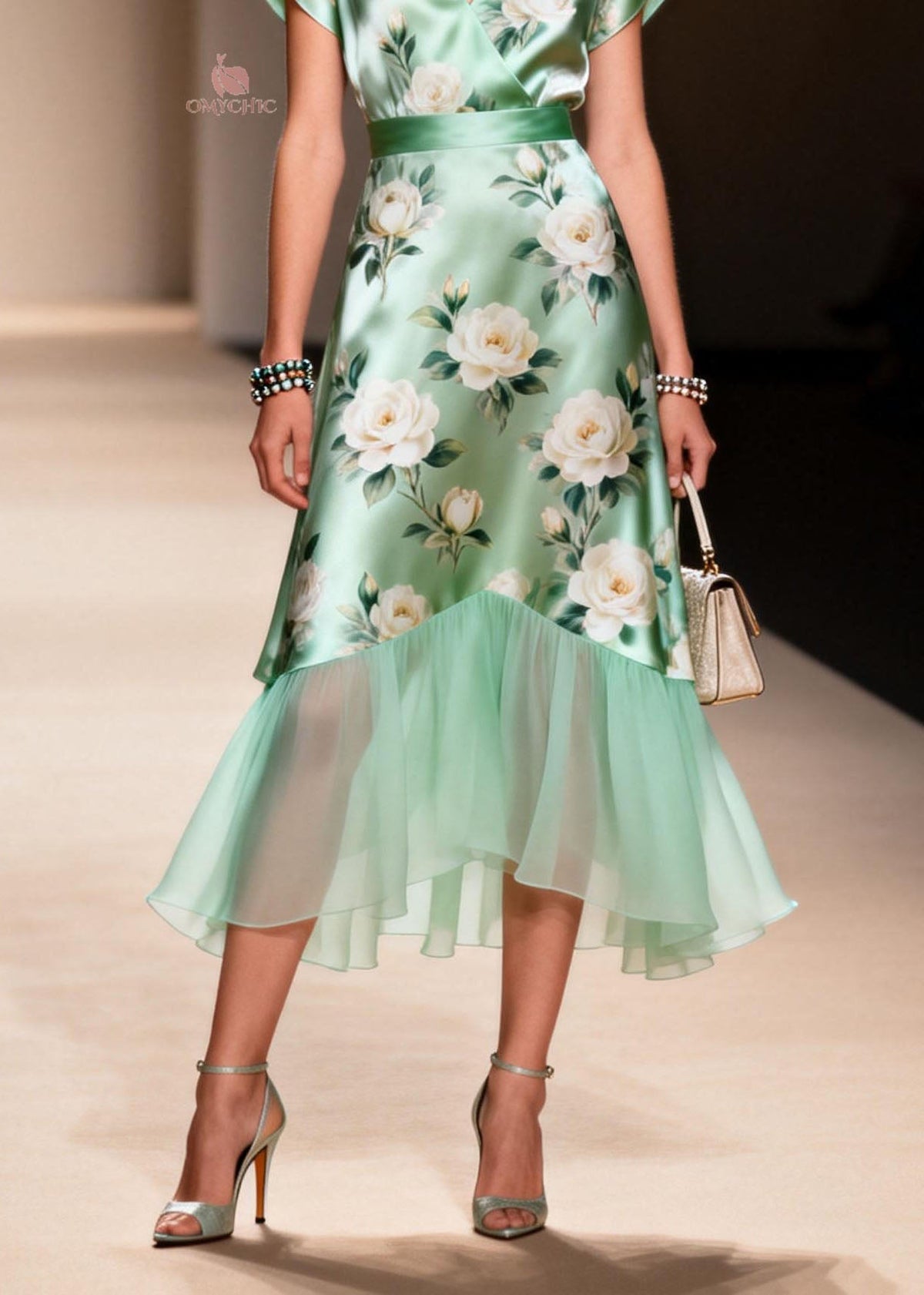 Floral Rose Print Wrap V-Neck Cap Sleeve Sheer Scallop Tier Midi Dress - View 4