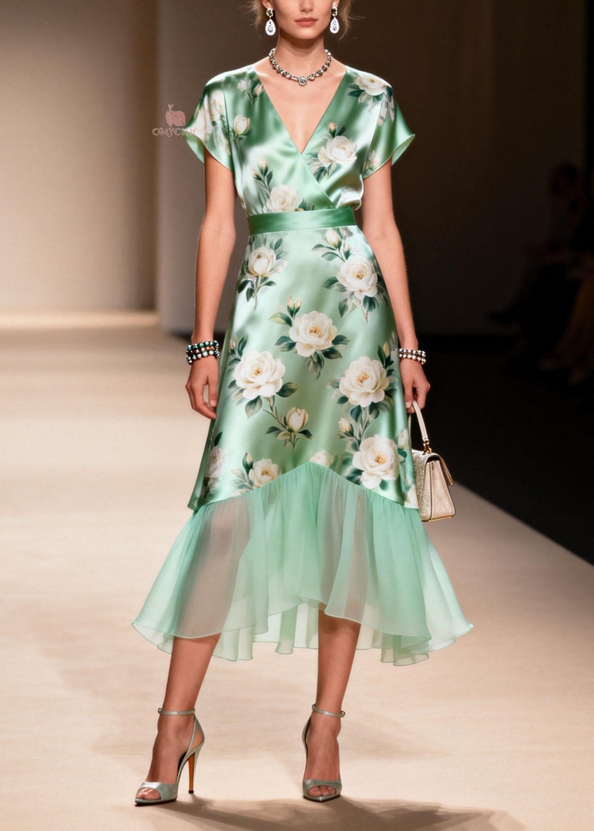 Floral Rose Print Wrap V-Neck Cap Sleeve Sheer Scallop Tier Midi Dress - View 5