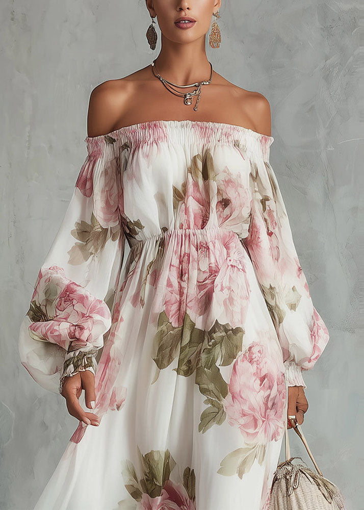 Elegant White Slash Neck Print Chiffon Maxi Dress Lantern Sleeve - View 3