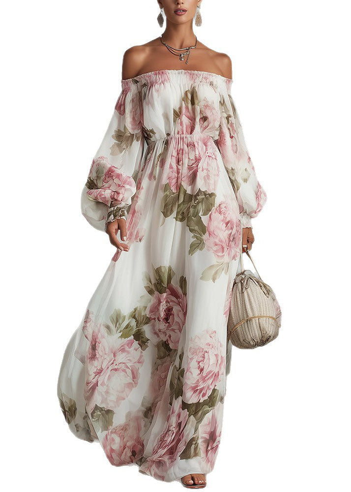 Elegant White Slash Neck Print Chiffon Maxi Dress Lantern Sleeve - View 5