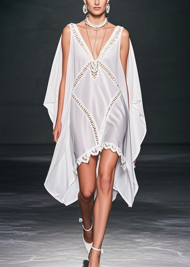 Deep V-Neck Chiffon Cut Out Diamond Cape Overlay Mini Dress