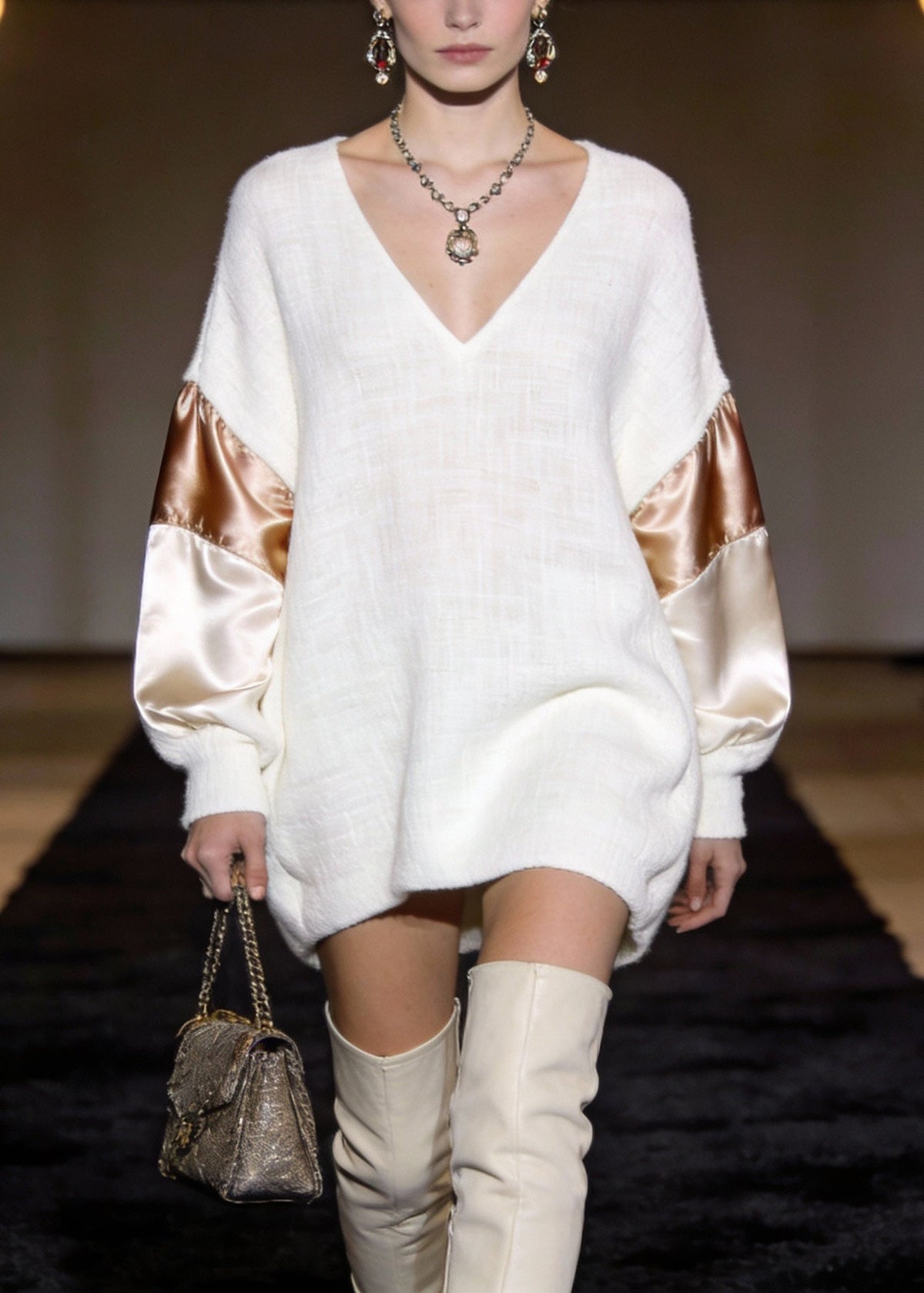 V-Neck Knit Puff Sleeve Satin Panel Oversized Mini Dress
