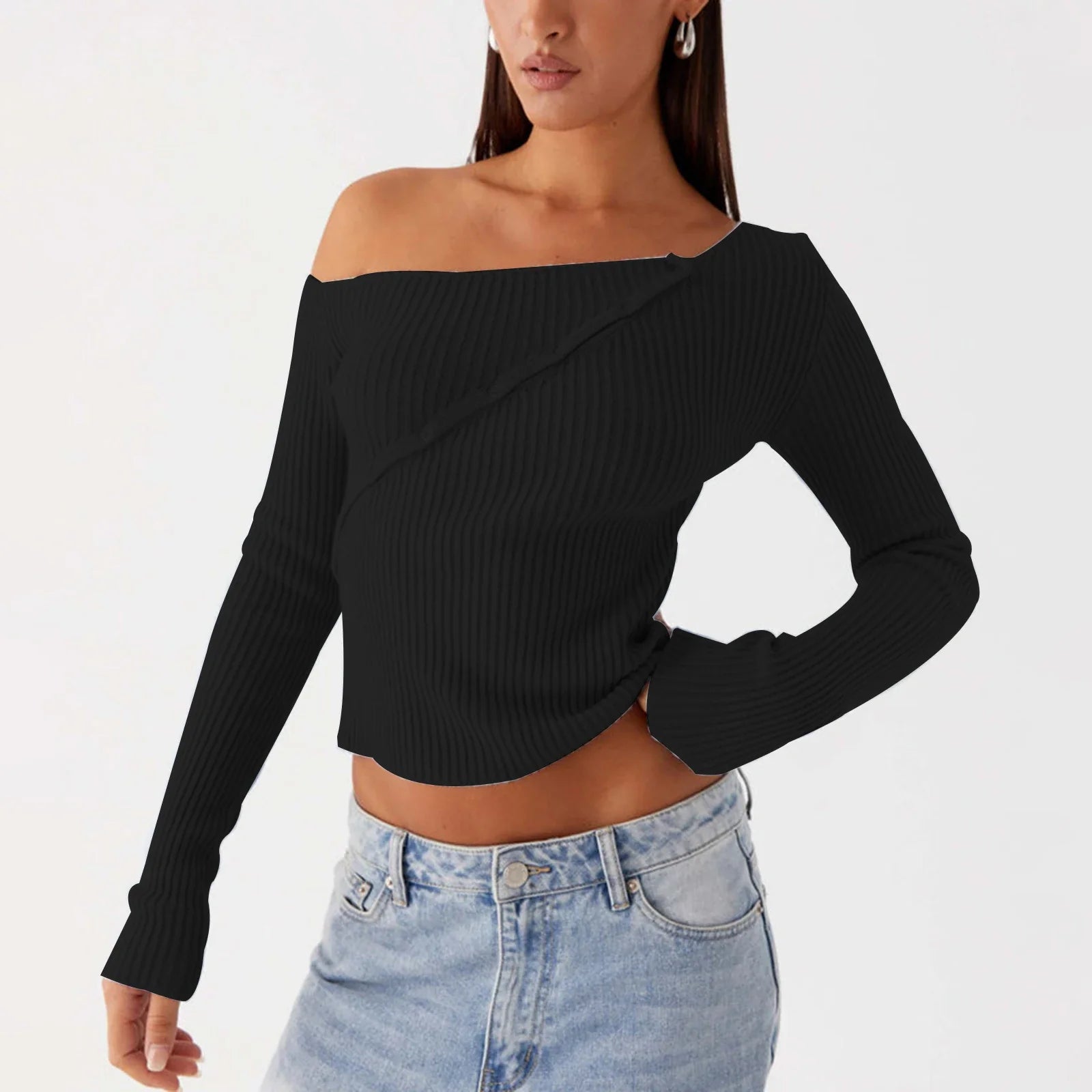 Elegant Off Shoulder Ribbed Solid Crop Slim Fit Knit Top - Fashionpara