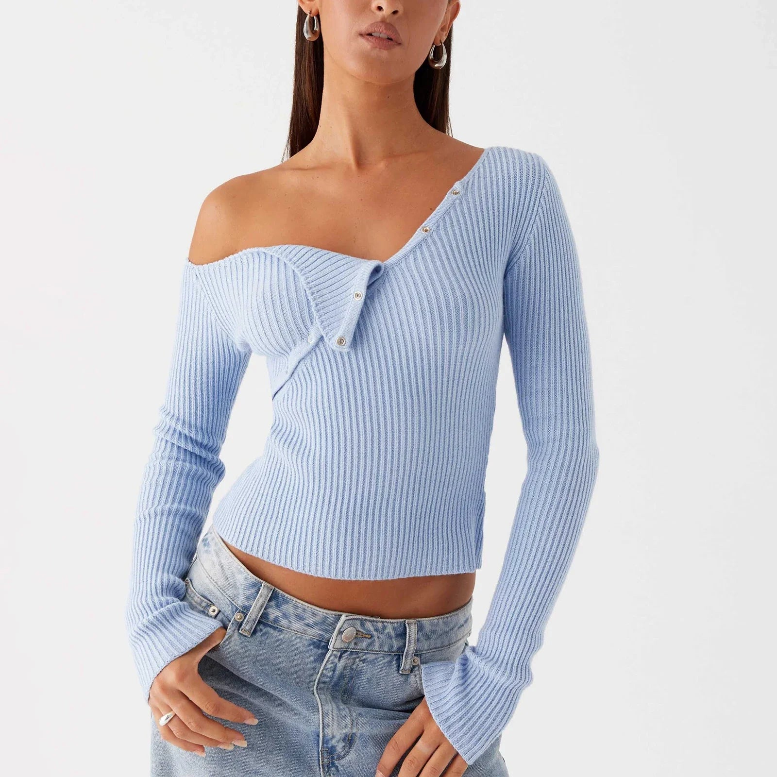 Elegant Off Shoulder Ribbed Solid Crop Slim Fit Knit Top - Fashionpara