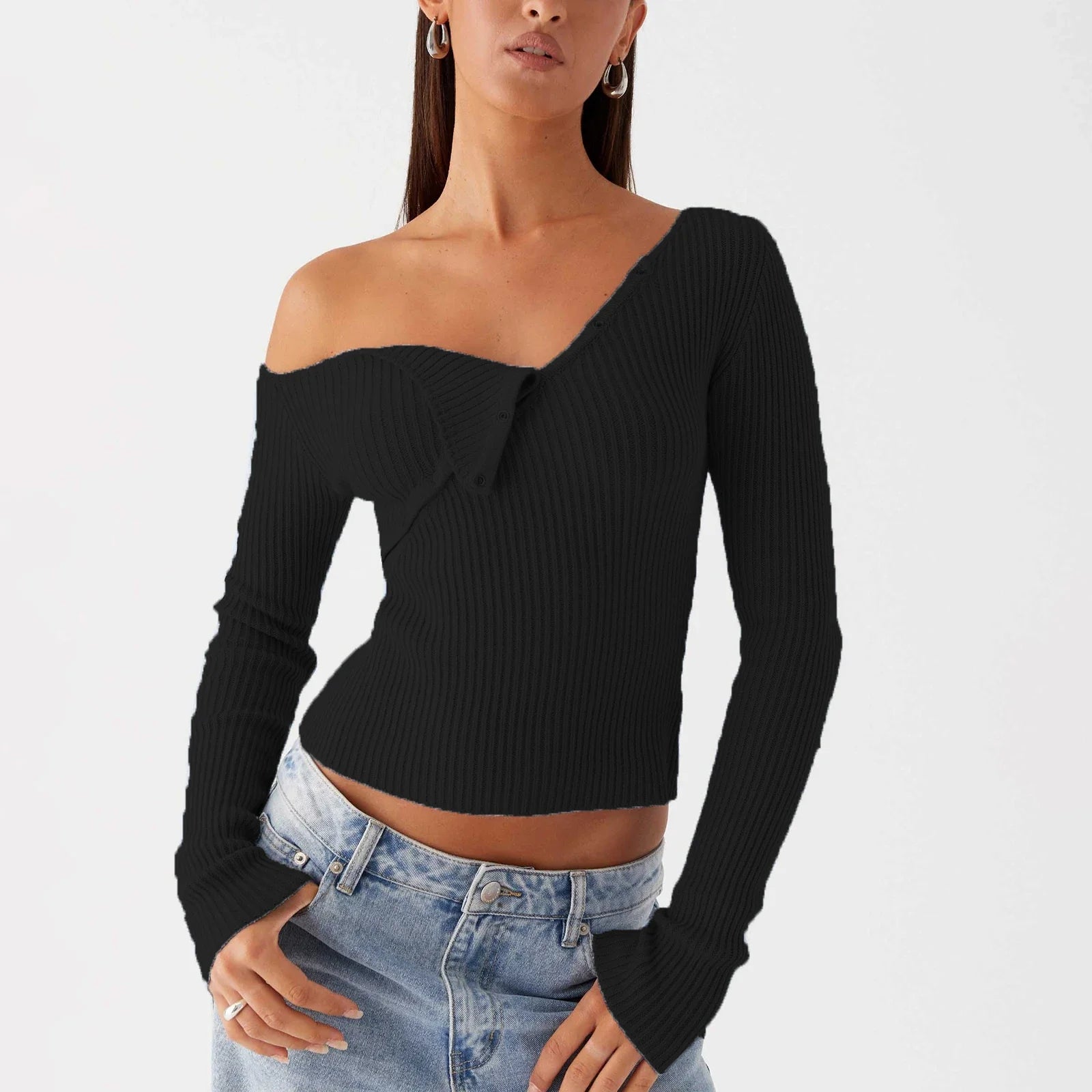 Elegant Off Shoulder Ribbed Solid Crop Slim Fit Knit Top - Fashionpara