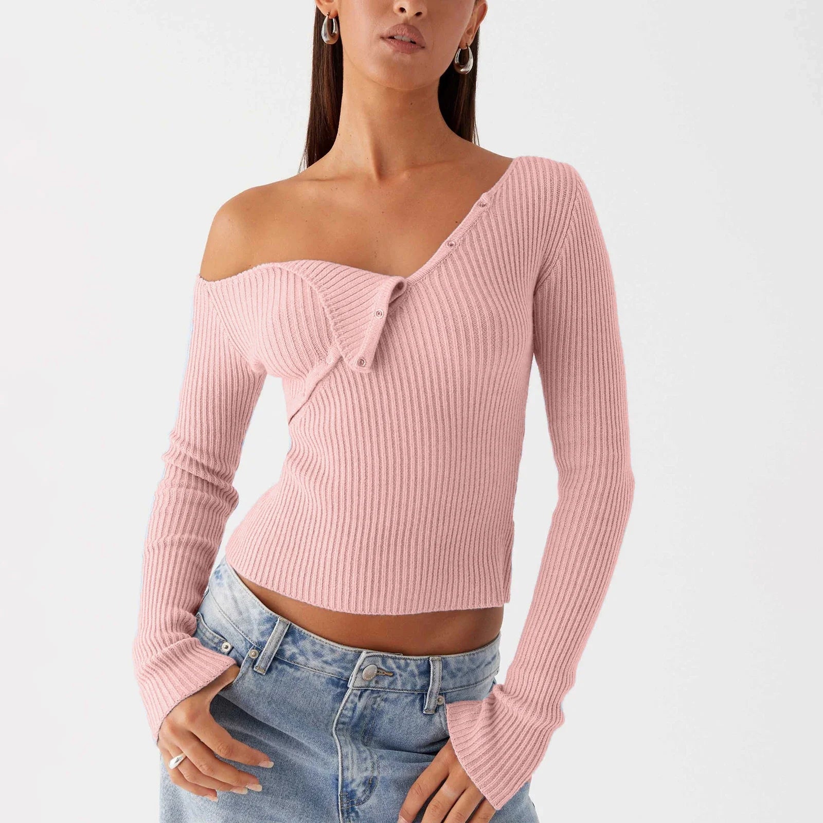 Elegant Off Shoulder Ribbed Solid Crop Slim Fit Knit Top - Fashionpara