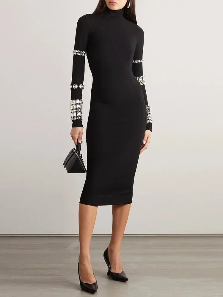 Rhinestone High Neck Long Sleeve Bodycon Midi Dress