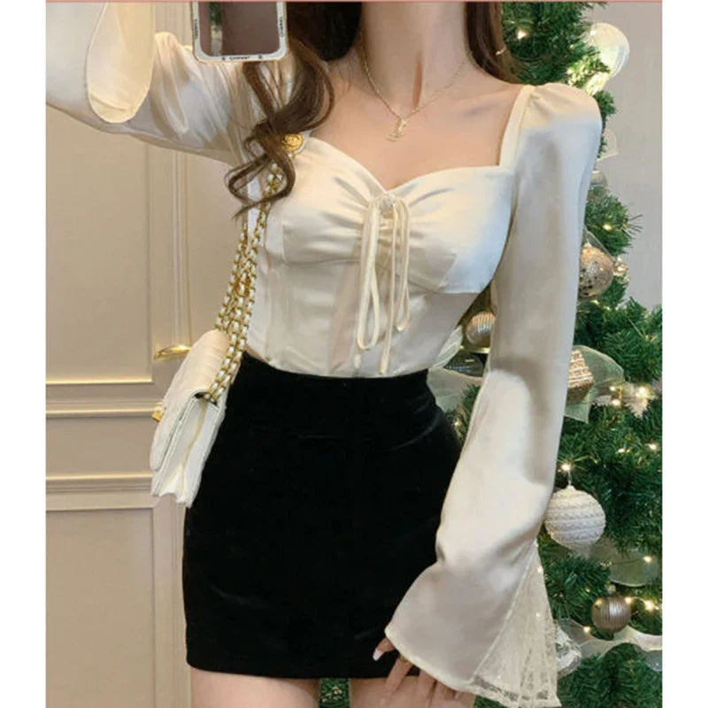 Elegant Lace Patchwork Flare Sleeve Sexy Slim Blouse