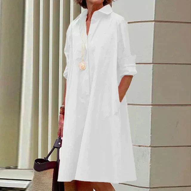 Collared Button Down Long Sleeve Side Pocket Relaxed Midi Shirt Dress - View 3