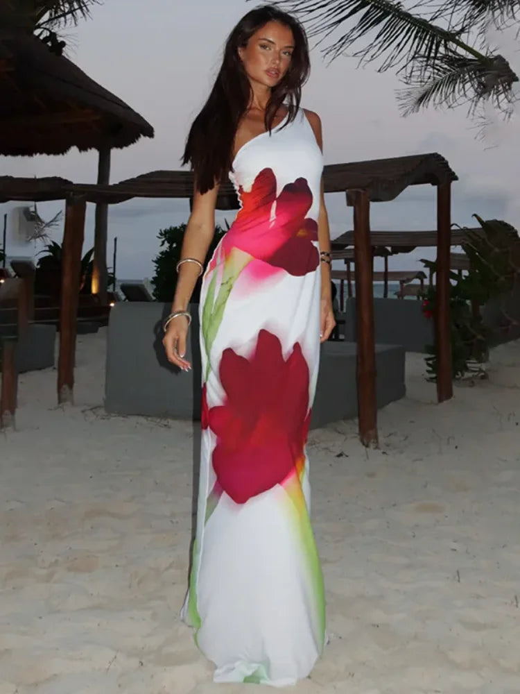Elegant One Shoulder Backless Maxi Floral Dress
