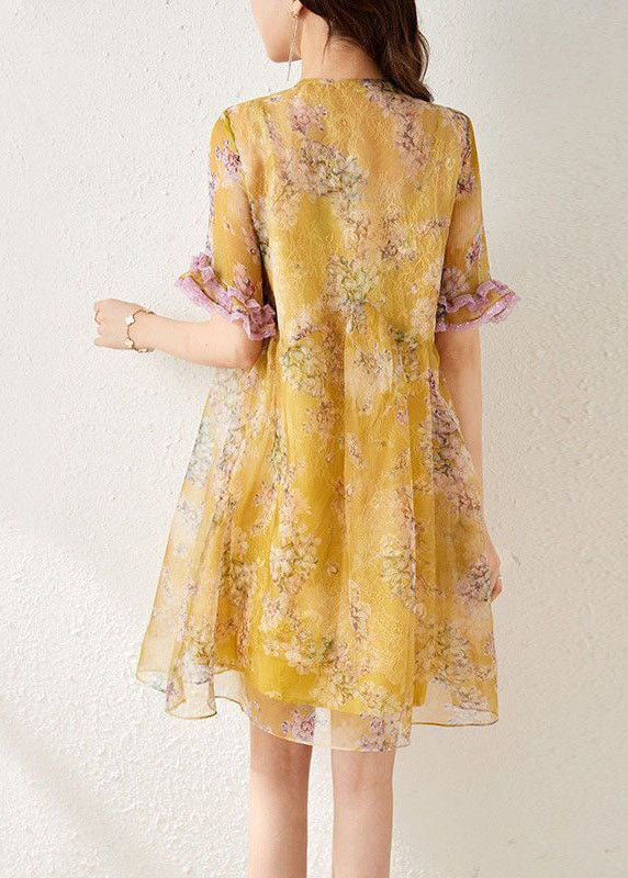 Chiffon Floral Print Frog Button Tassel Lace Trim Mini Dress - View 5