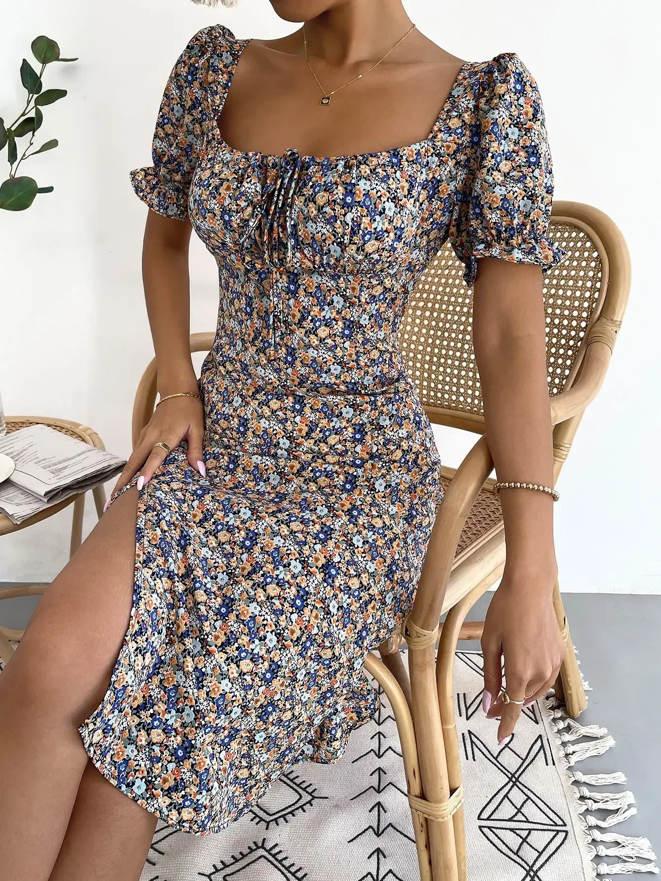 Elegant Pleated A-line Floral Print Casual Dress