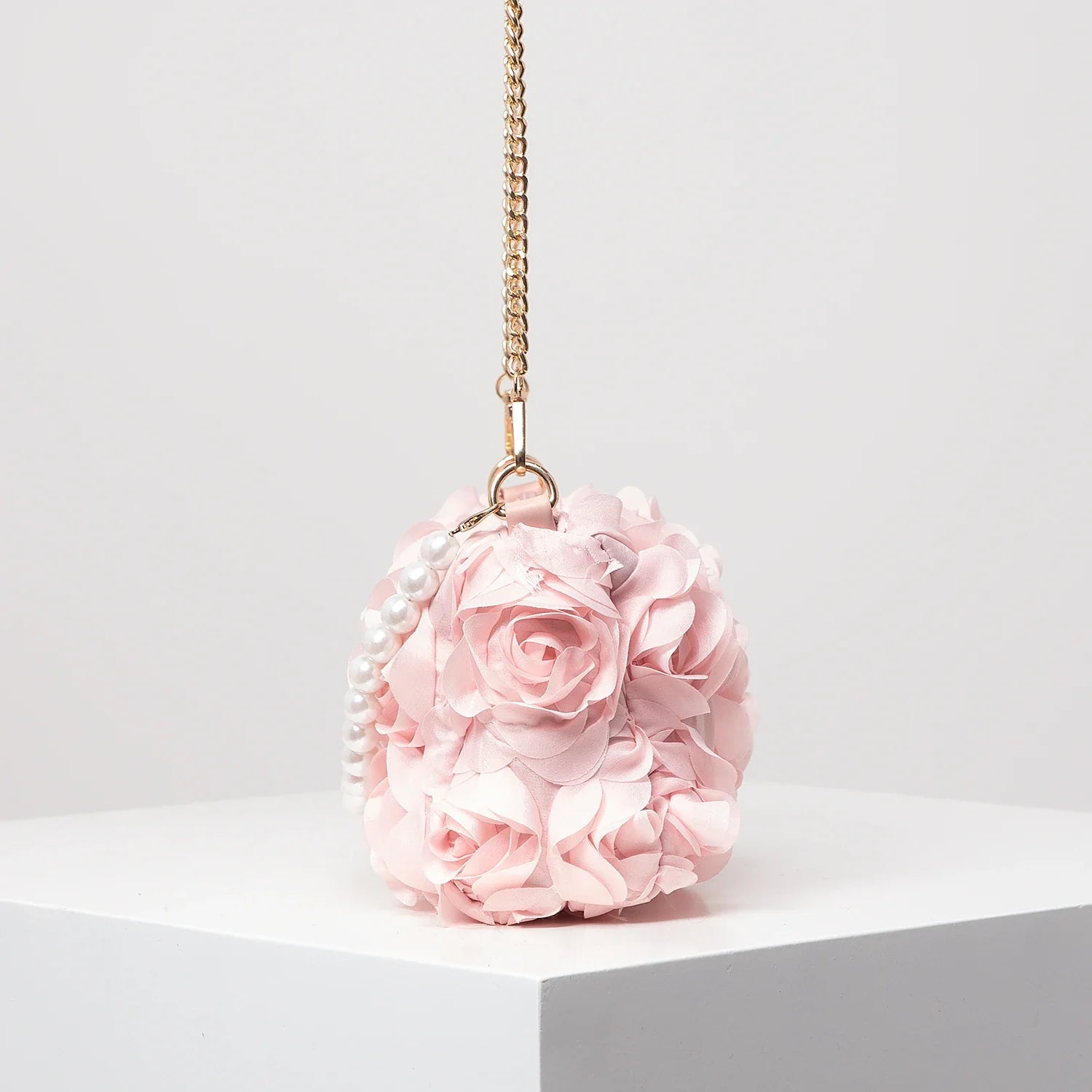 Elegant Rose Flower Faux Pearl Metal Chain Clutch Bag