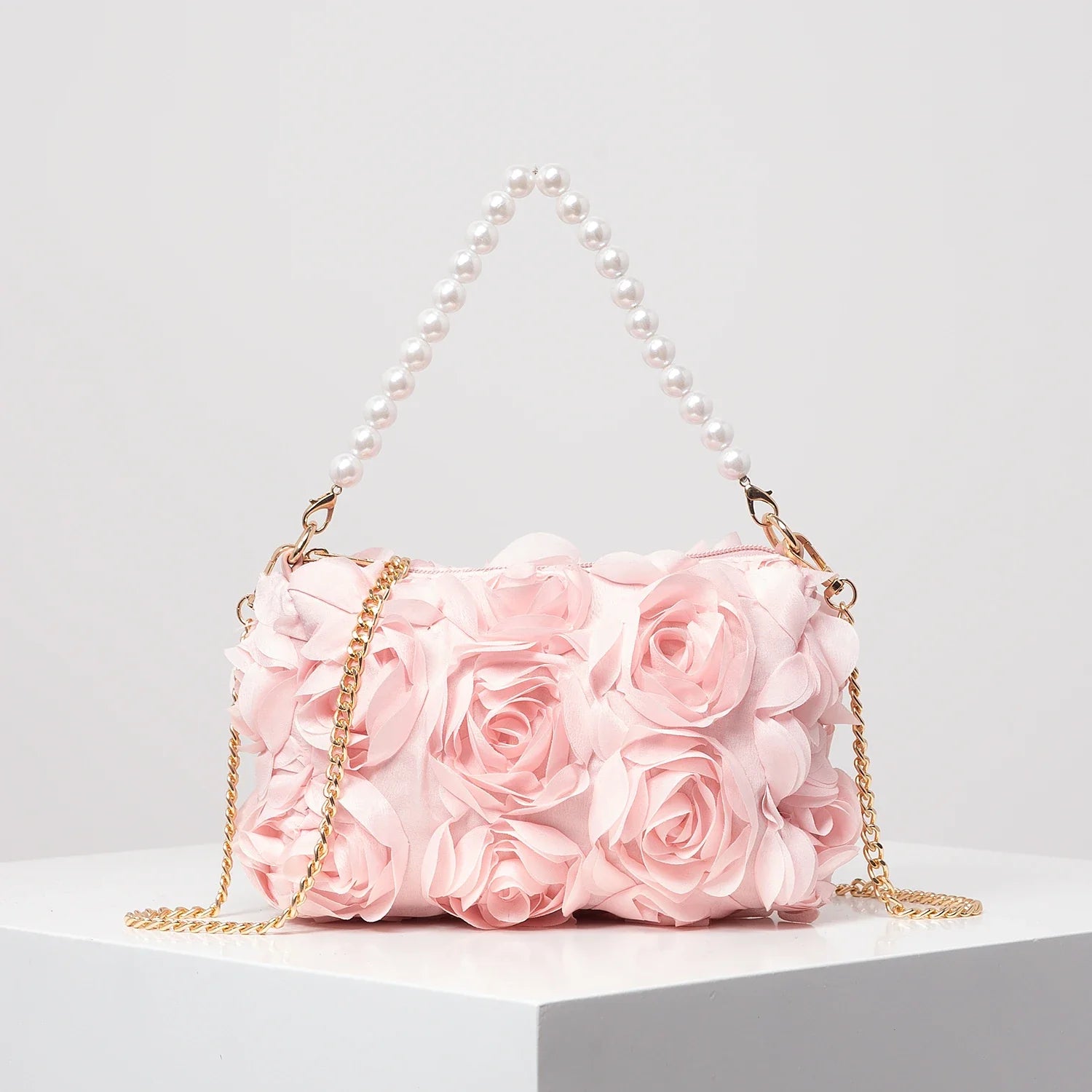 Elegant Rose Flower Faux Pearl Metal Chain Clutch Bag
