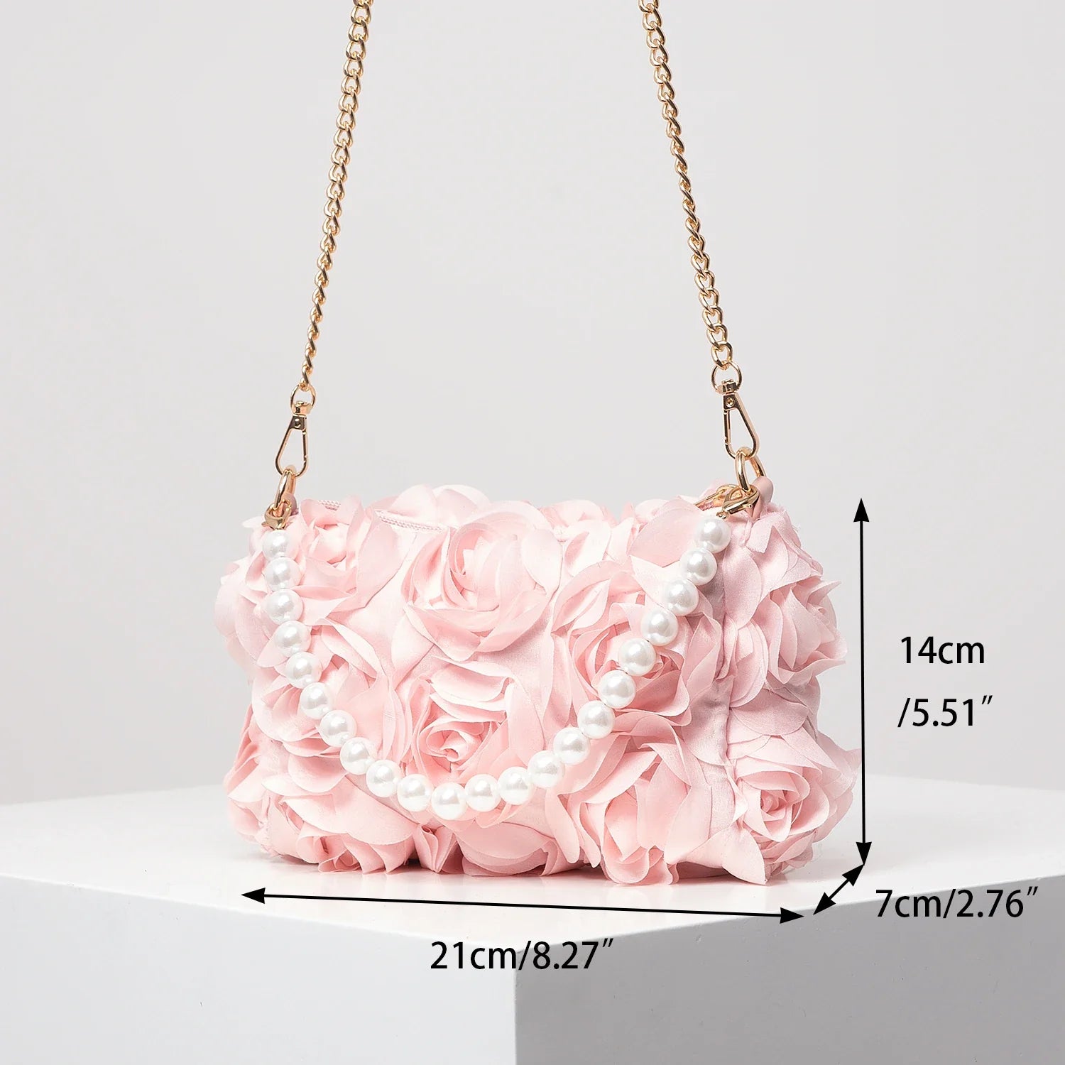 Elegant Rose Flower Faux Pearl Metal Chain Clutch Bag