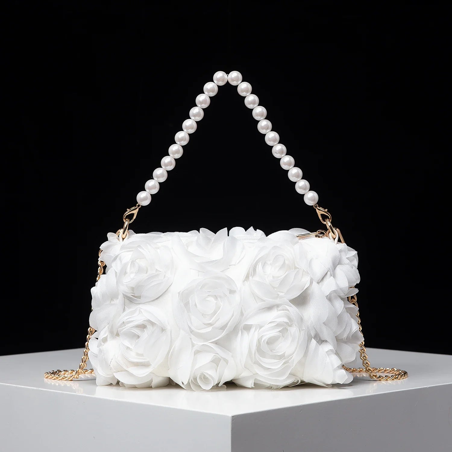 Elegant Rose Flower Faux Pearl Metal Chain Clutch Bag