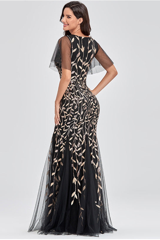 Sequin Leaf V-Neck Flutter Sleeve Mermaid Gown