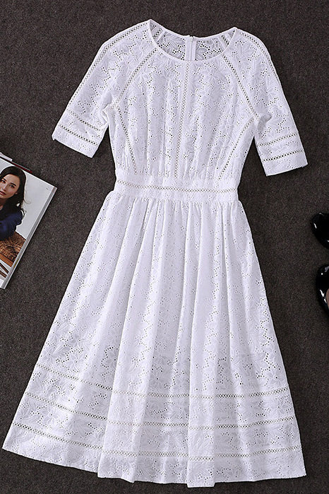 Eyelet Lace Round Neck Half-Sleeve A-Line Midi Dress