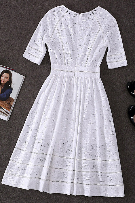 Eyelet Lace Round Neck Half-Sleeve A-Line Midi Dress