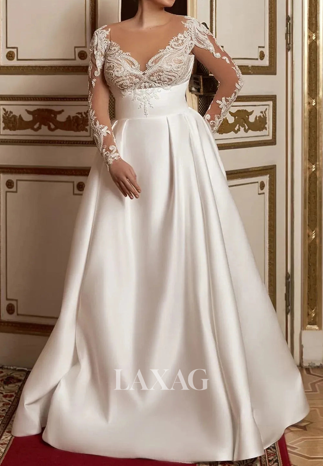 V-Neck Lace Applique Pleated A-Line Wedding Dress Long-Sleeves Beaded Satin Bride Gowns