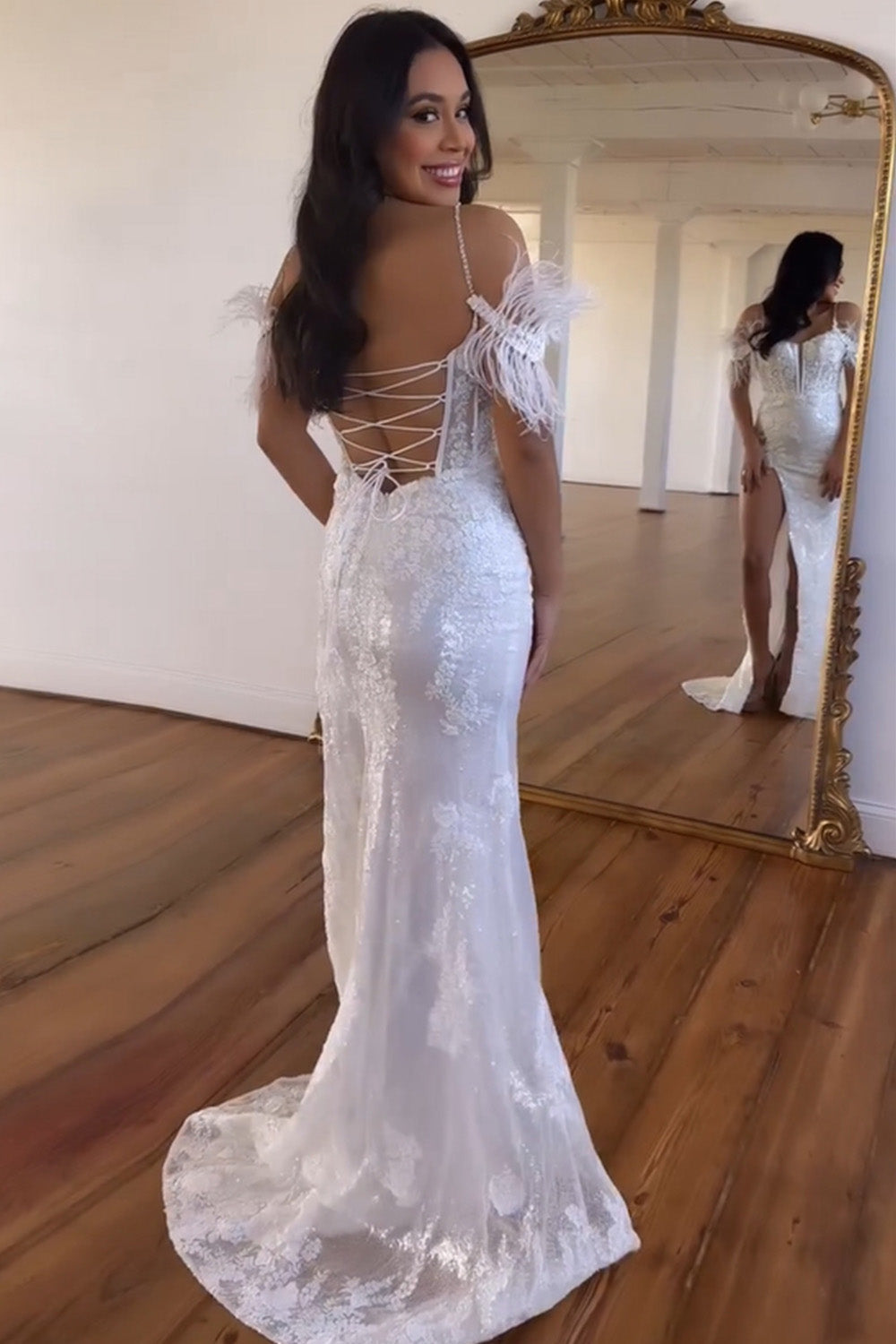 Elegant White Mermaid Lace Up Long Corset Prom Dress With Feather - Fashionpara