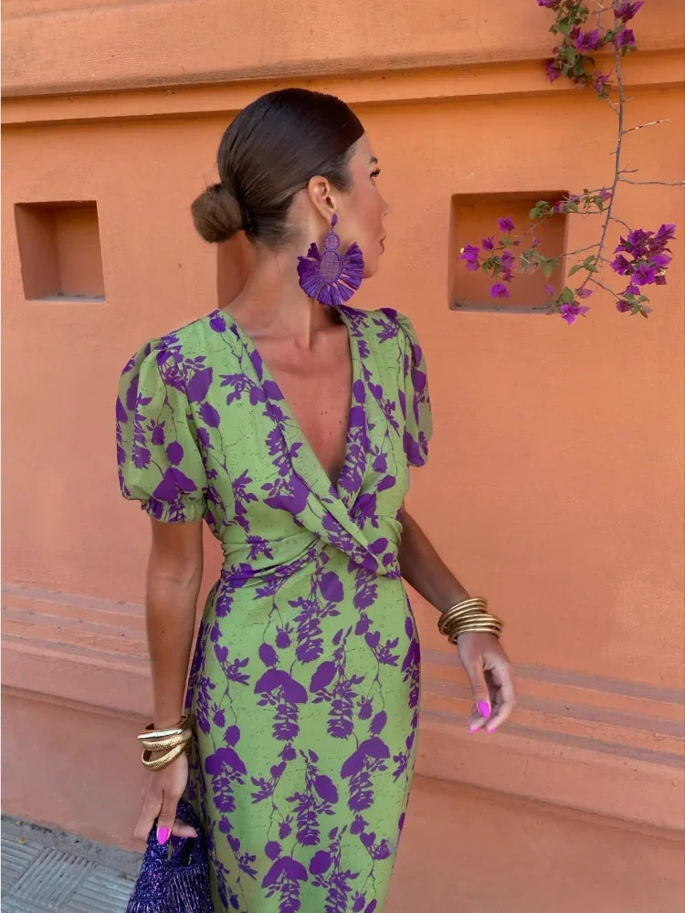 Floral Twist Back Puff Sleeve Midi Dress