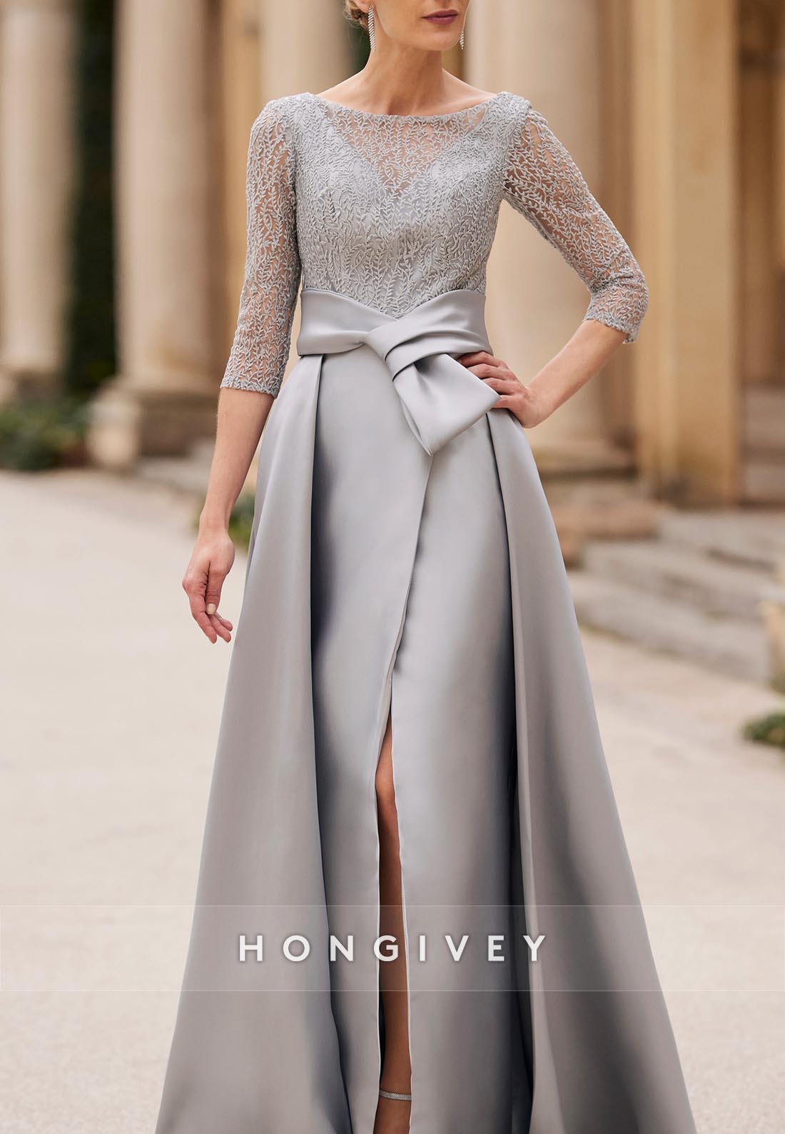 Illusion Neck Bowknot Mother of the Bride Princess Side Slit Floor-Length Satin 3/4 Sleeve Pleated