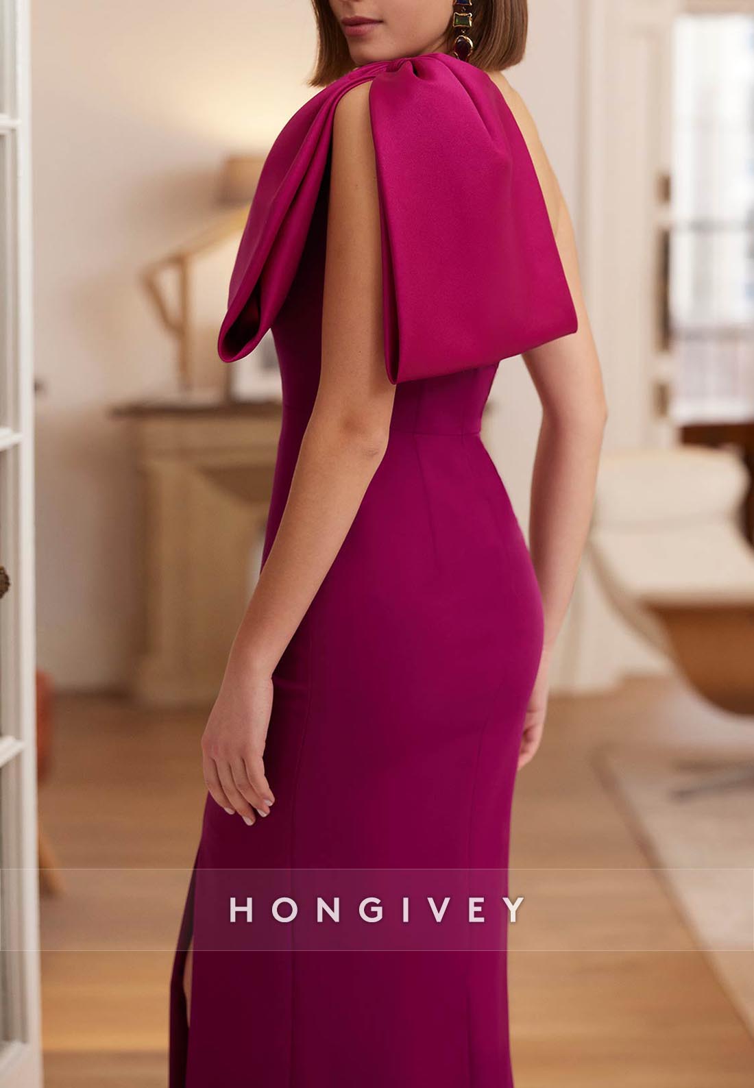 Side Slit Column Ankle-Length One Shoulder Bowknot Evening Gown