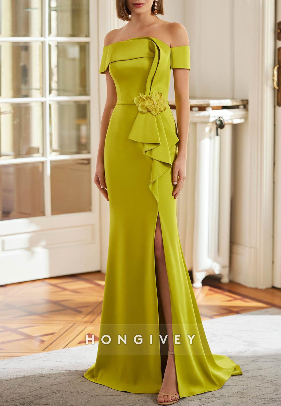 Side Slit Shawl Elegant Stain Crepe Off the Shoulder Floor-Length Evening Gown