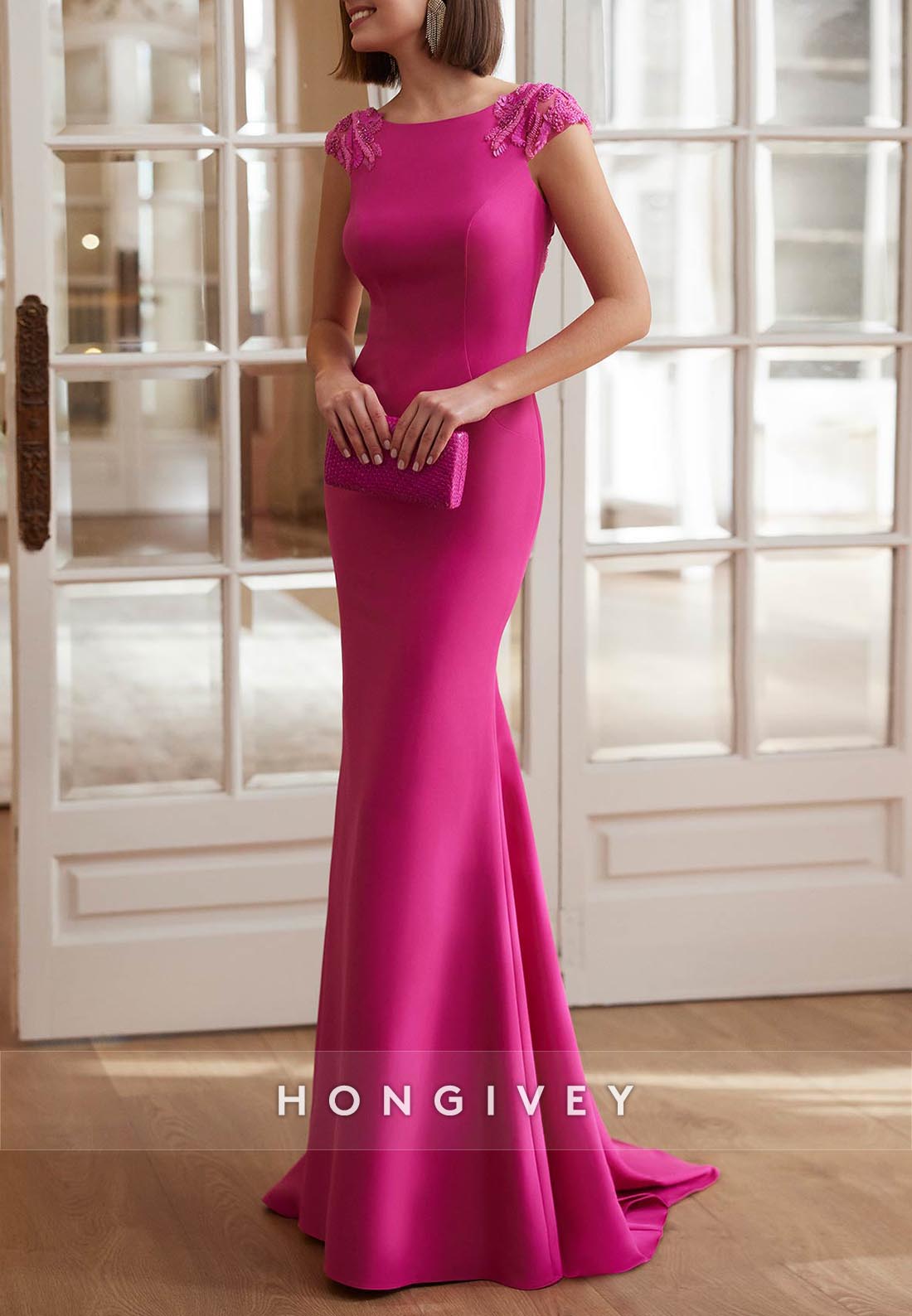 Bateau Neckline Jewel Back Short Sleeve Shawl Trumpet Low Back Cap Sleeves Evening Gown