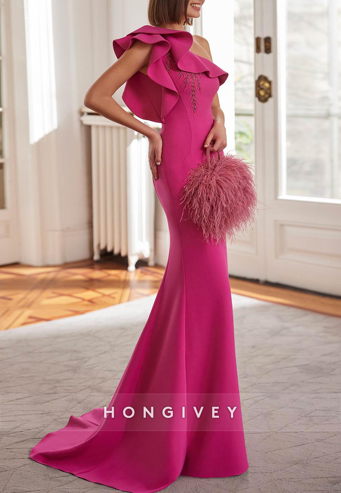 Trumpet Court Train One Shoulder Satin Crepe Pleated Beading Evening Gown