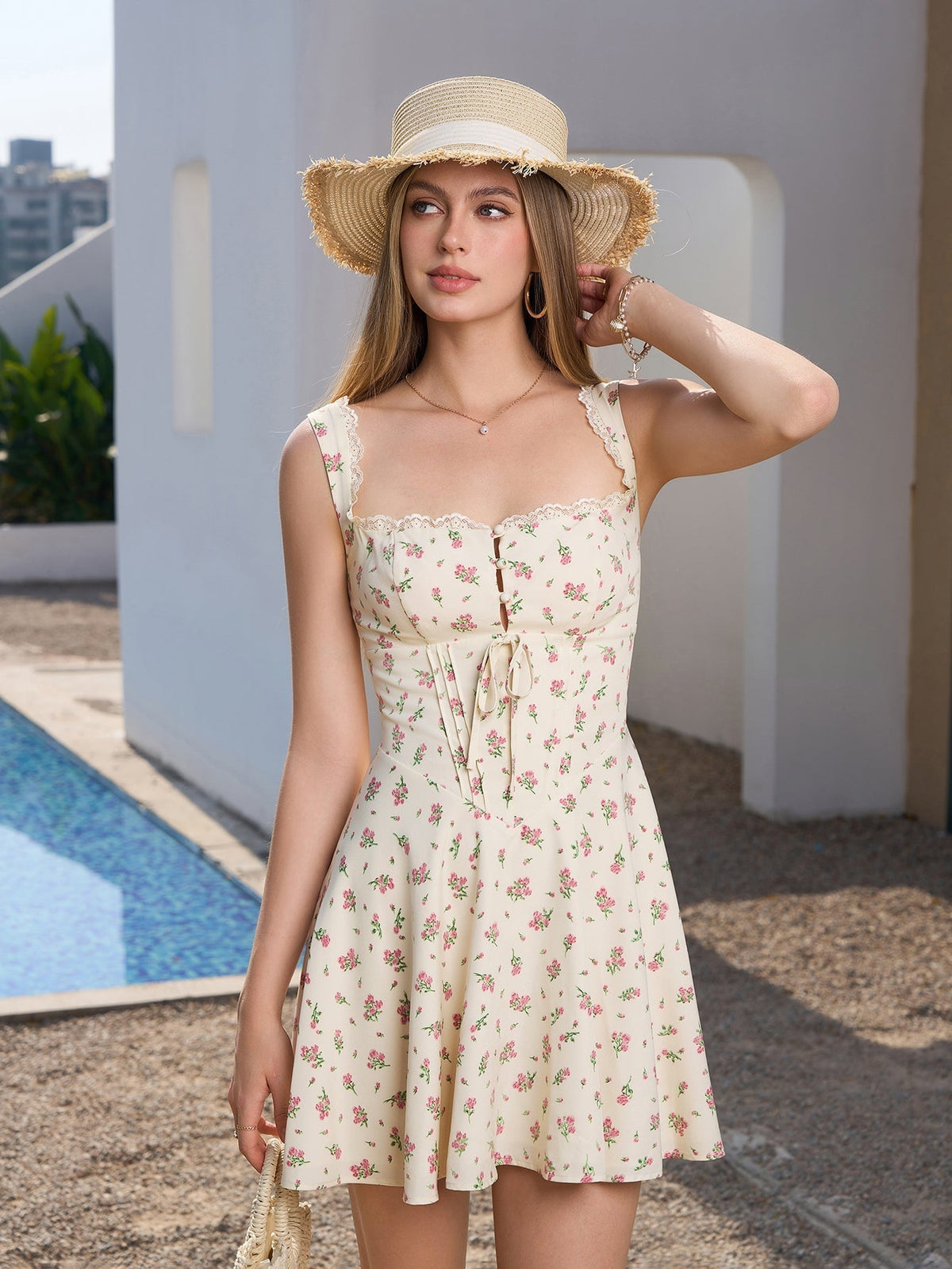 Floral Lace Trim Sweetheart Button Front Fit and Flare Mini Dress - View 7