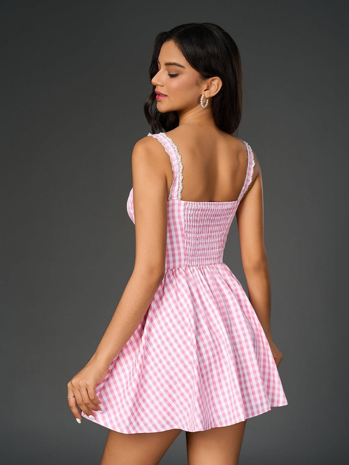 Lace Trim Sweetheart Wide Strap Gingham Plaid A-Line Mini Dress - View 6