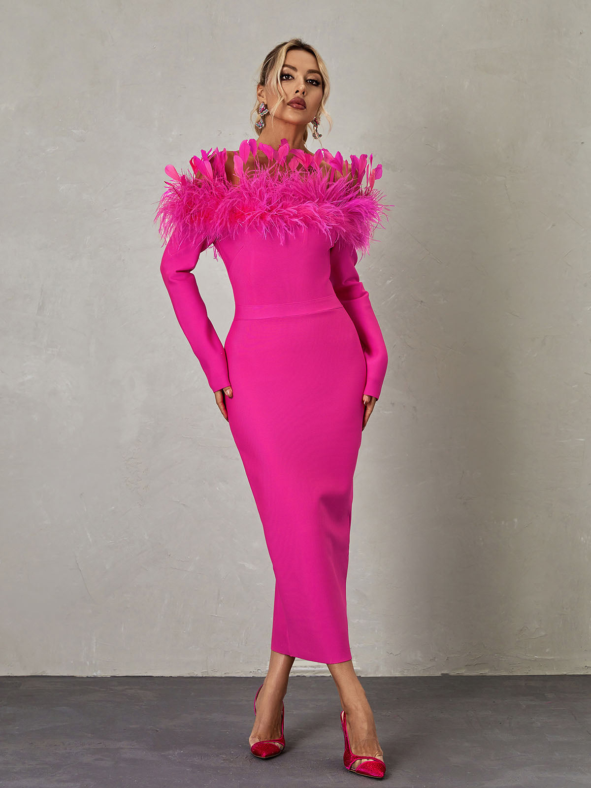 Feather Off Shoulder Long Sleeve Bandage Maxi Dress