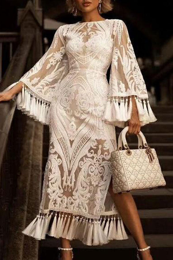 Embroidered Lined See Thru Tassel Dress