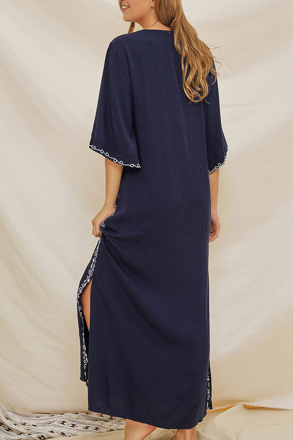 Embroidered Drawstring Tassel Slit Dress