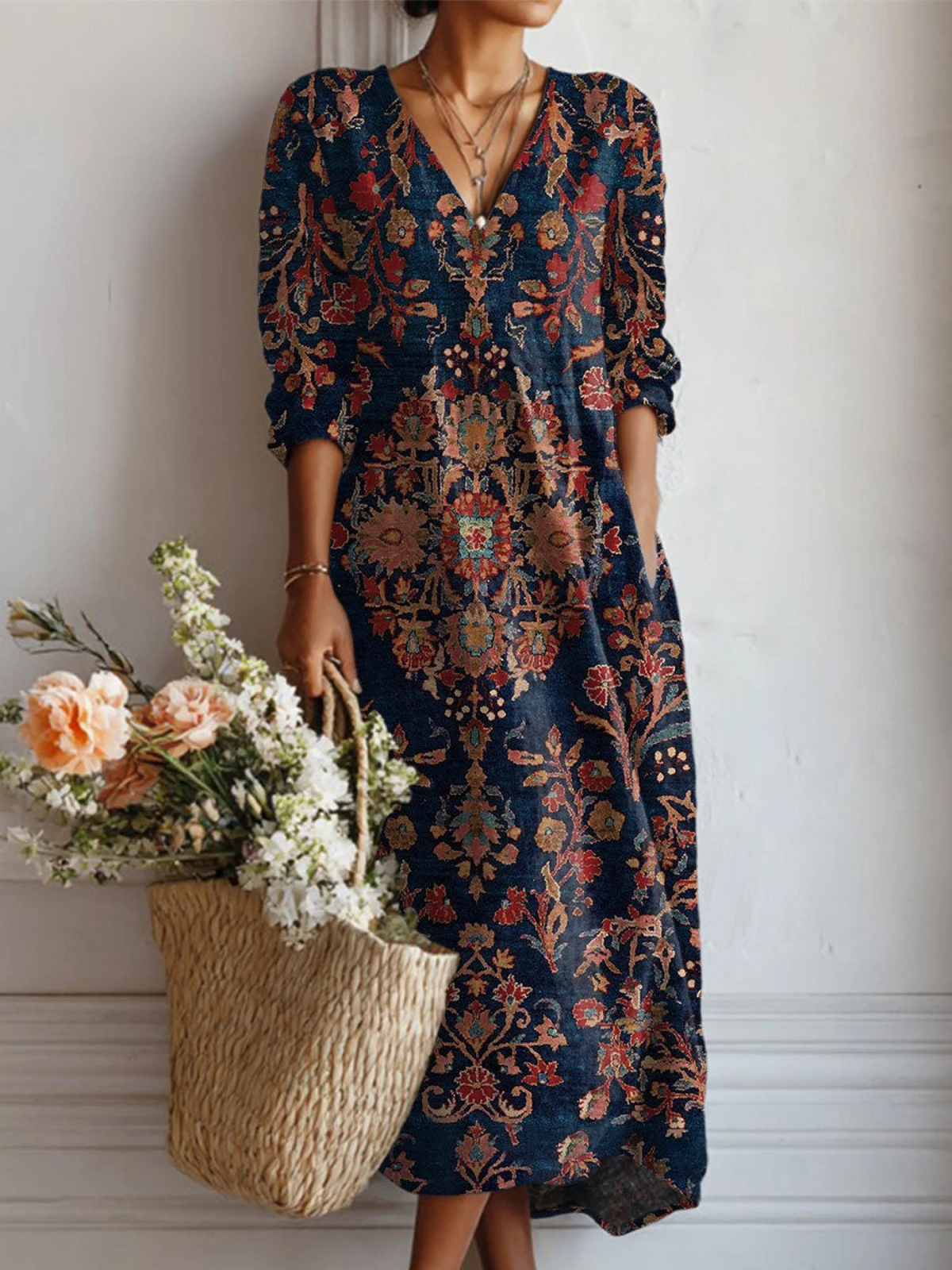 Ornate Paisley Print V-Neck Long Sleeve Midi Dress