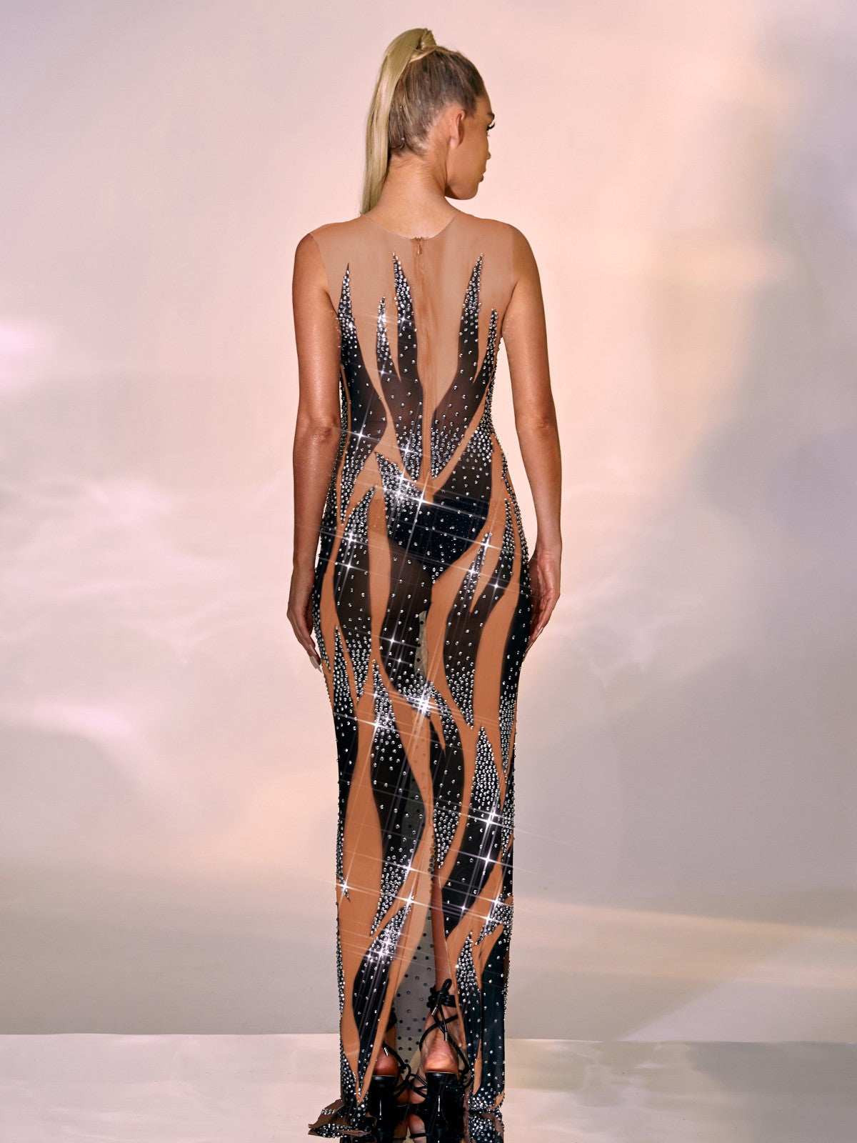 Emmaline Rhinestone Mesh Maxi Dress In Light Nude