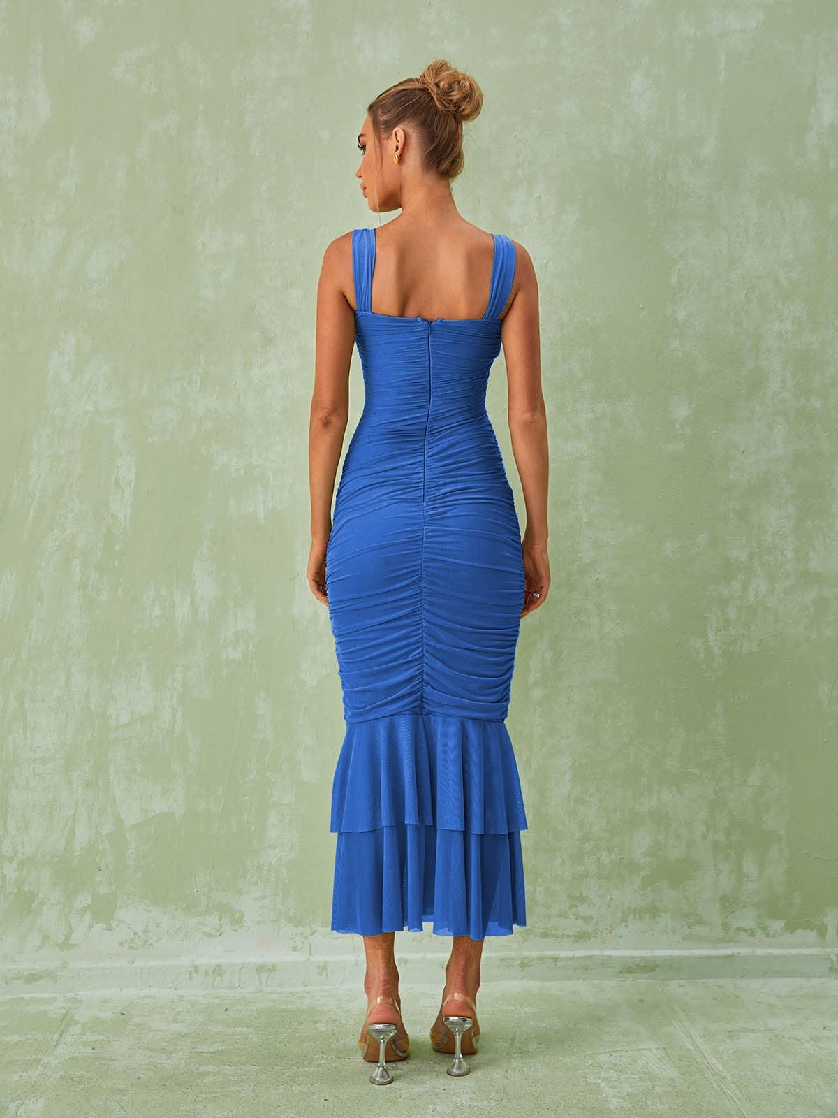 Eri Ruched Mesh Maxi Dress In Blue